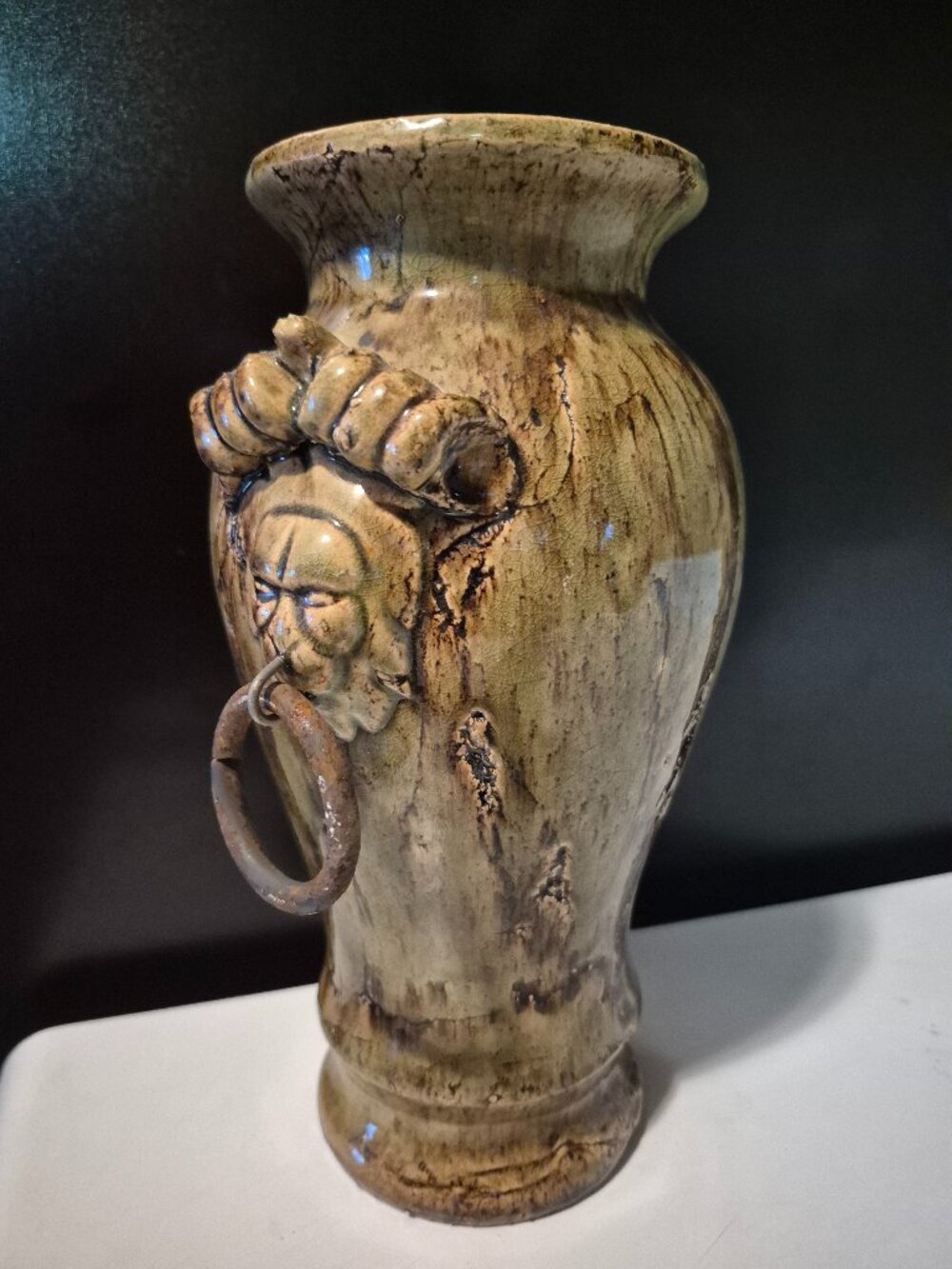 VINTAGE/ANTIQUE, GREEN-GLAZED CERAMIC VASE 10" INCHES TALL